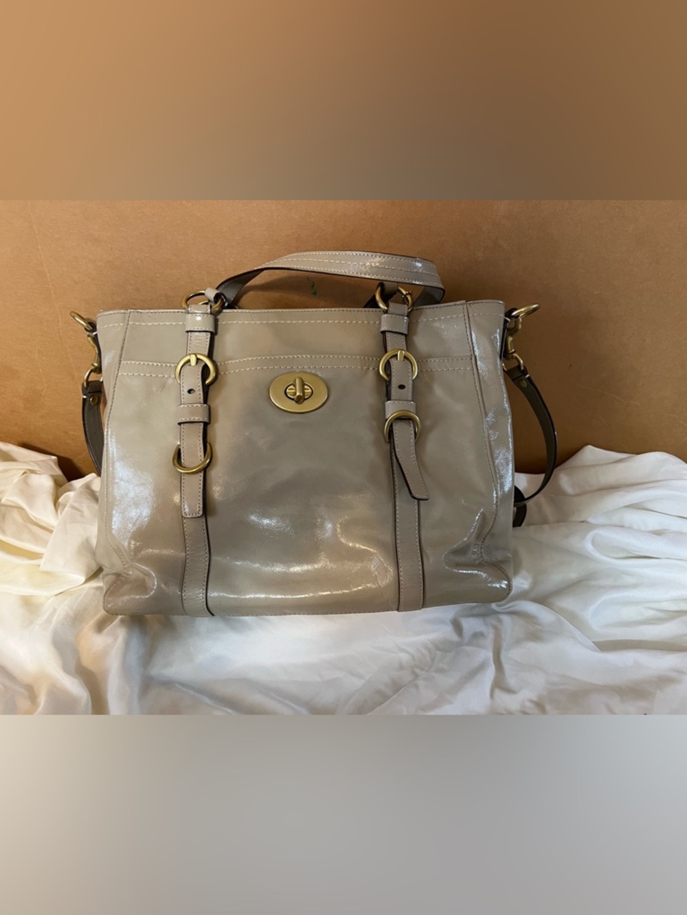 Coach Classic Taupe Leather Tote Bag with Gold Hardware